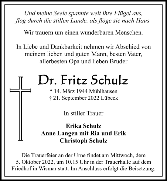 Traueranzeige von Fritz Schulz von Ostsee-Zeitung GmbH
