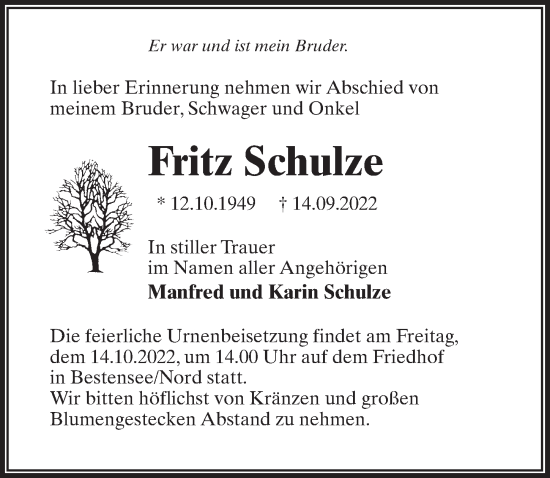 Traueranzeige von Fritz Schulze von Märkischen Allgemeine Zeitung