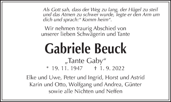 Traueranzeige von Gabriele Beuck von Kieler Nachrichten