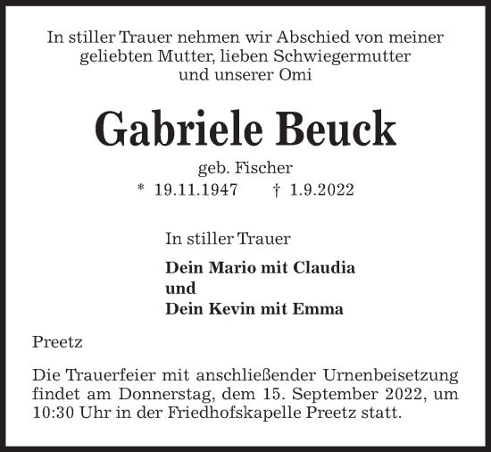 Traueranzeige von Gabriele Beuck von Kieler Nachrichten