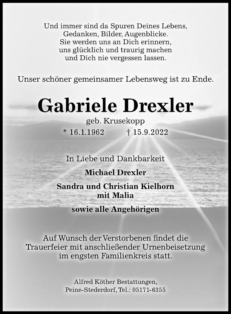  Traueranzeige für Gabriele Drexler vom 24.09.2022 aus Peiner Allgemeine Zeitung