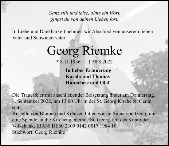 Traueranzeige von Georg Riemke von Lübecker Nachrichten
