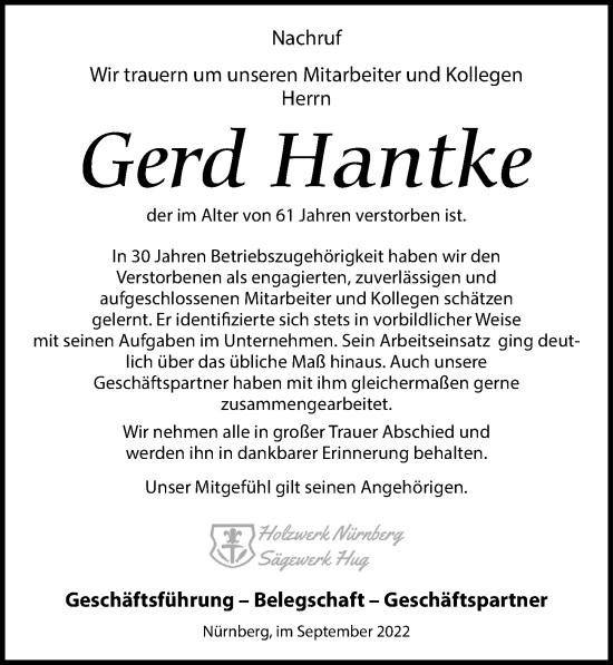 Traueranzeige von Gerd Hantke von Leipziger Volkszeitung