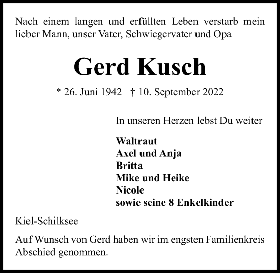 Traueranzeige von Gerd Kusch von Kieler Nachrichten