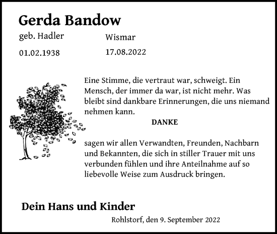 Traueranzeige von Gerda Bandow von Ostsee-Zeitung GmbH