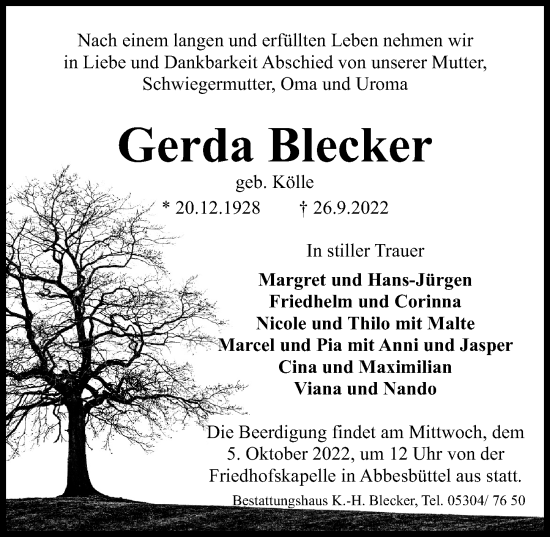 Traueranzeige von Gerda Blecker von Aller Zeitung