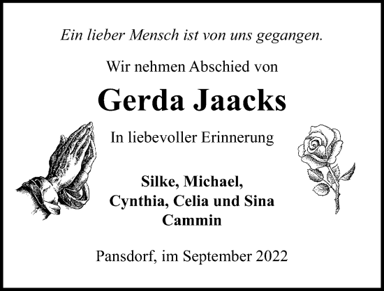 Traueranzeige von Gerda Jaacks von Lübecker Nachrichten