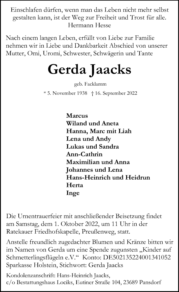  Traueranzeige für Gerda Jaacks vom 25.09.2022 aus Lübecker Nachrichten