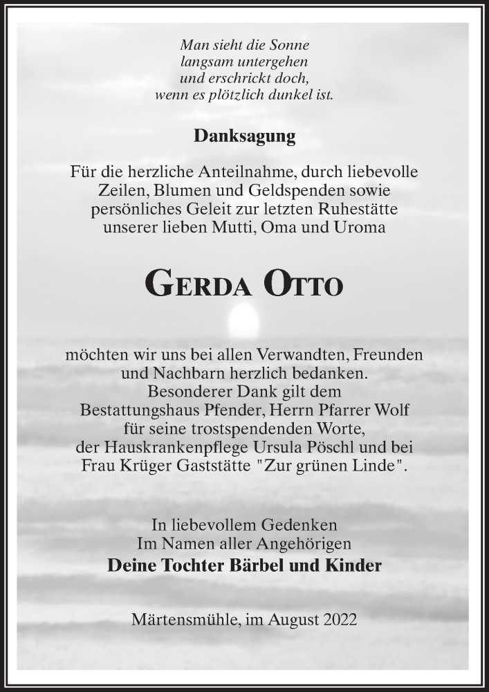  Traueranzeige für Gerda Otto vom 03.09.2022 aus Märkischen Allgemeine Zeitung