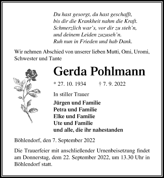 Traueranzeige von Gerda Pohlmann von Ostsee-Zeitung GmbH