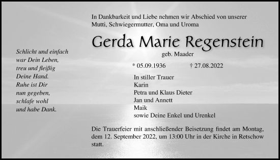 Traueranzeige von Gerda Marie Regenstein von Ostsee-Zeitung GmbH