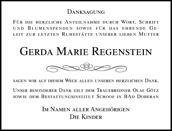 Traueranzeige von Gerda Marie Regenstein von Ostsee-Zeitung GmbH