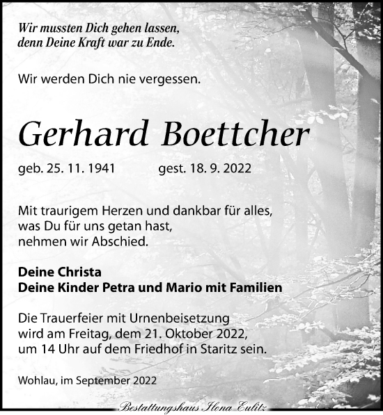 Traueranzeige von Gerhard Boettcher von Torgauer Zeitung