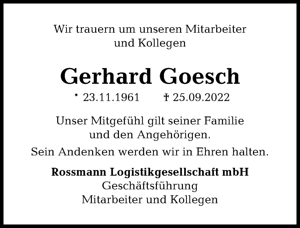  Traueranzeige für Gerhard Goesch vom 01.10.2022 aus Kieler Nachrichten