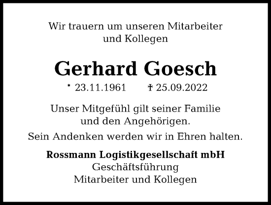 Traueranzeige von Gerhard Goesch von Kieler Nachrichten