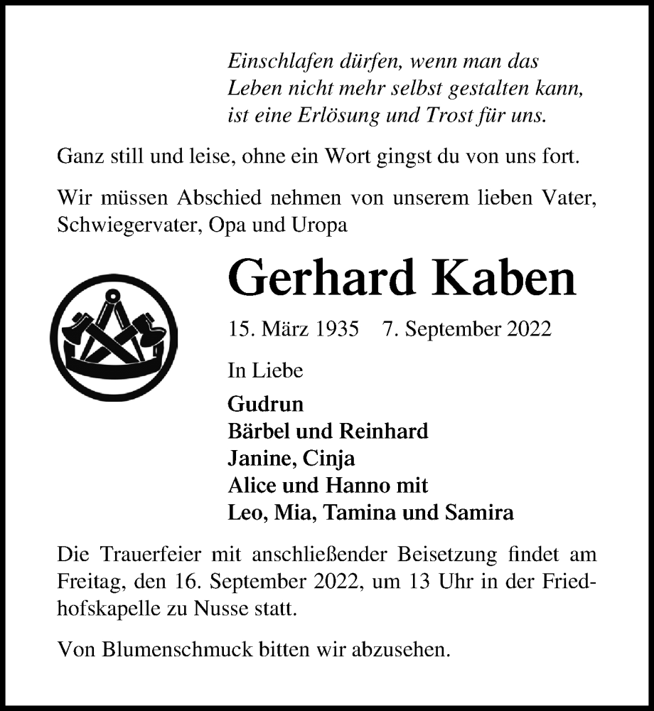 Traueranzeige für Gerhard Kaben vom 13.09.2022 aus Lübecker Nachrichten