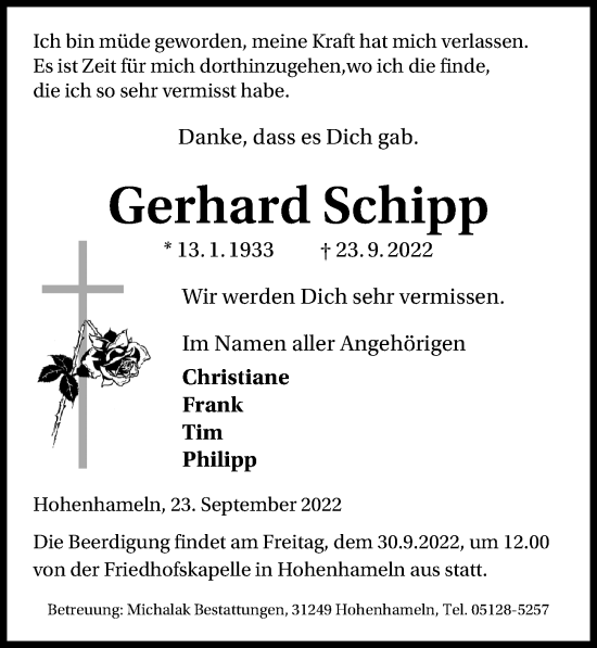 Traueranzeige von Gerhard Schipp von Peiner Allgemeine Zeitung