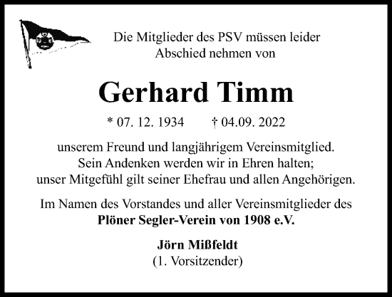 Traueranzeige von Gerhard Timm von Kieler Nachrichten