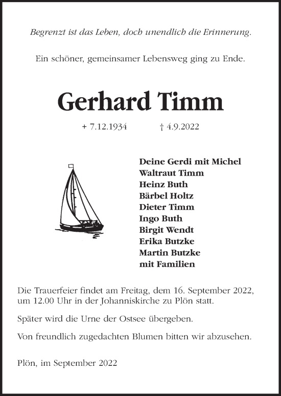 Traueranzeige von Gerhard Timm von Kieler Nachrichten