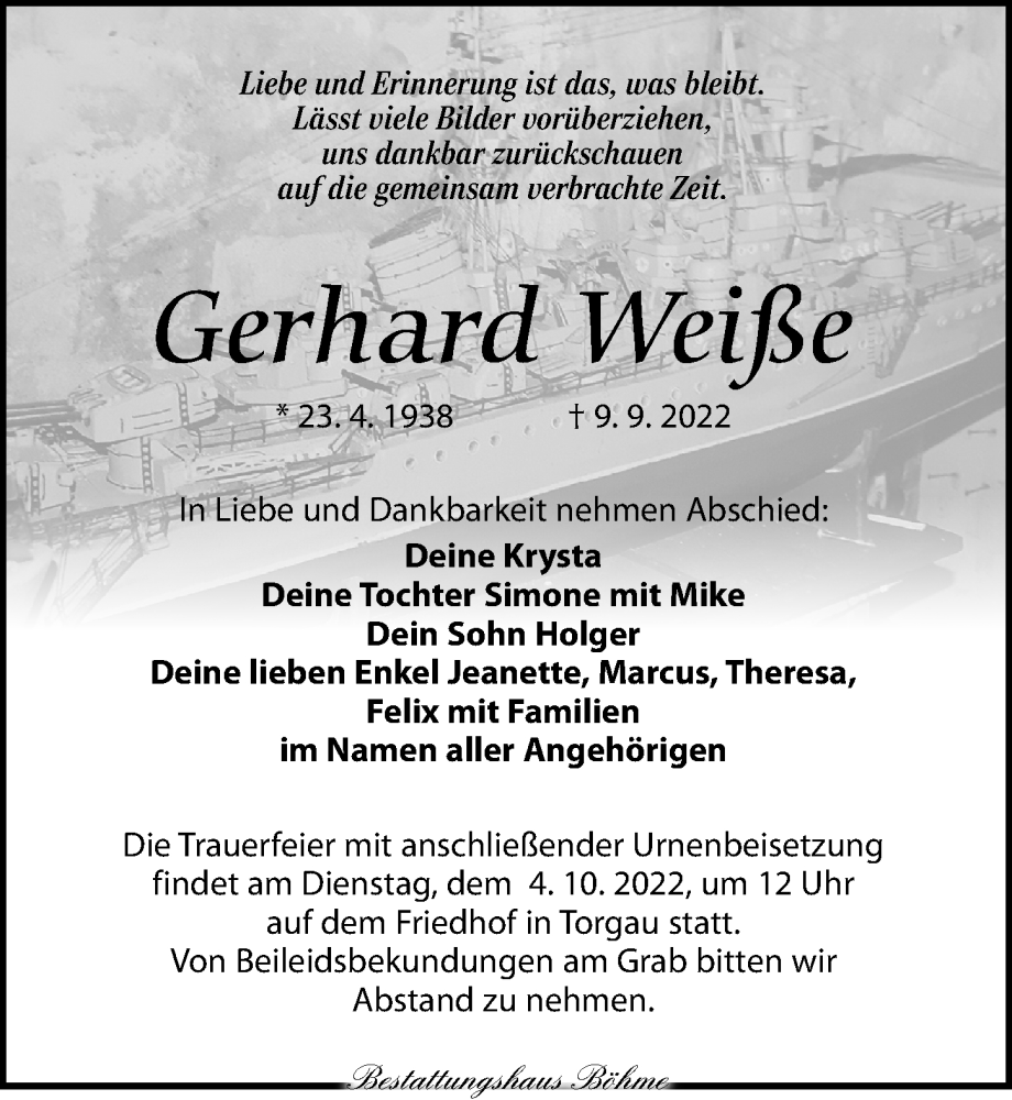  Traueranzeige für Gerhard Weiße vom 17.09.2022 aus Torgauer Zeitung