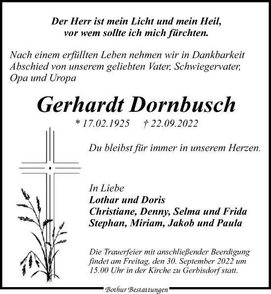Traueranzeige von Gerhardt Dornbusch von Leipziger Volkszeitung