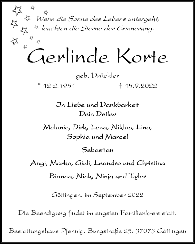  Traueranzeige für Gerlinde Korte vom 17.09.2022 aus Göttinger Tageblatt