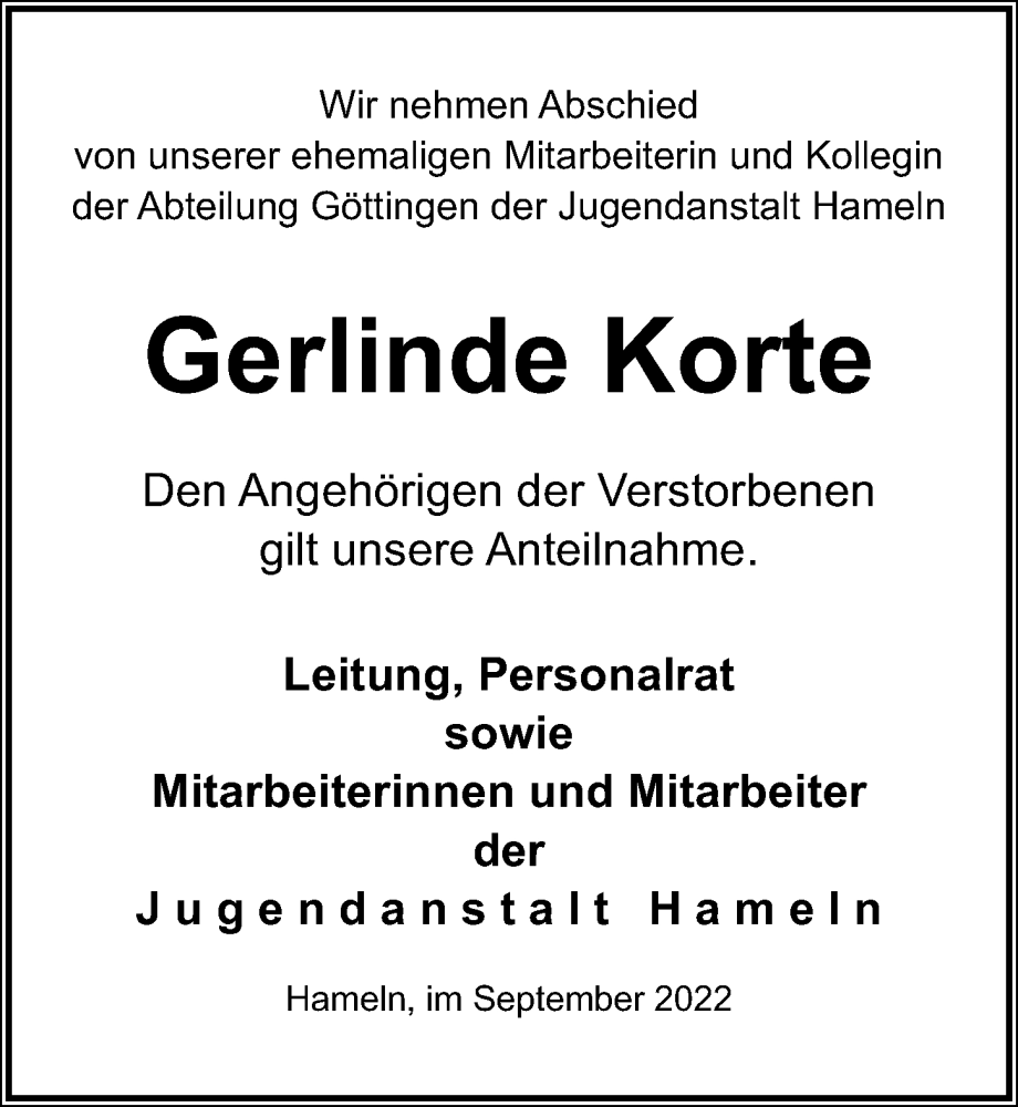  Traueranzeige für Gerlinde Korte vom 24.09.2022 aus Göttinger Tageblatt