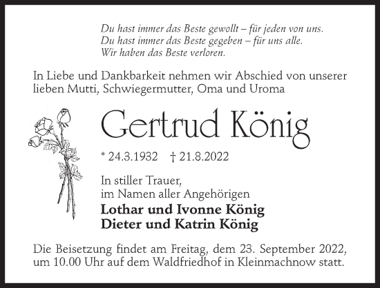 Traueranzeige von Gertrud König von Märkischen Allgemeine Zeitung