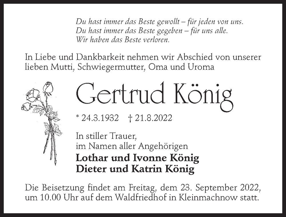  Traueranzeige für Gertrud König vom 03.09.2022 aus Märkischen Allgemeine Zeitung