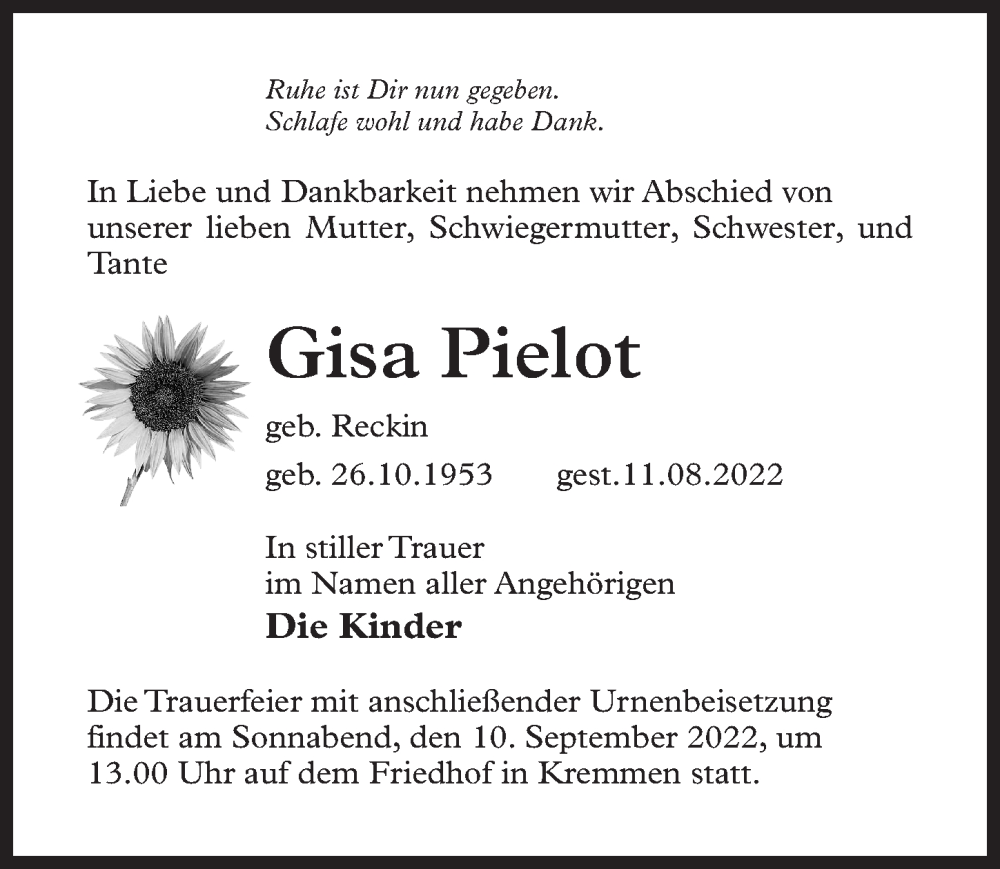  Traueranzeige für Gisa Pielot vom 03.09.2022 aus Märkischen Allgemeine Zeitung