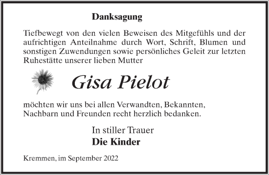 Traueranzeige von Gisa Pielot von Märkischen Allgemeine Zeitung