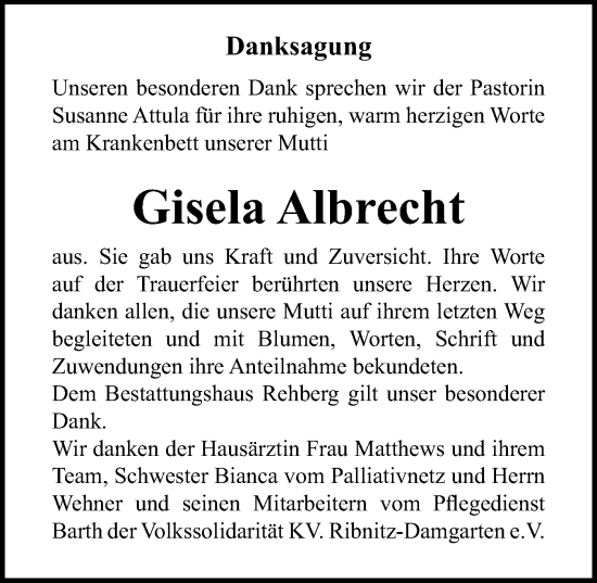 Traueranzeige von Gisela Albrecht von Ostsee-Zeitung GmbH