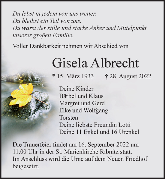 Traueranzeige von Gisela Albrecht von Ostsee-Zeitung GmbH