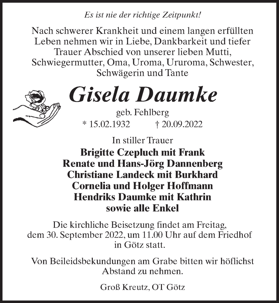  Traueranzeige für Gisela Daumke vom 24.09.2022 aus Märkischen Allgemeine Zeitung