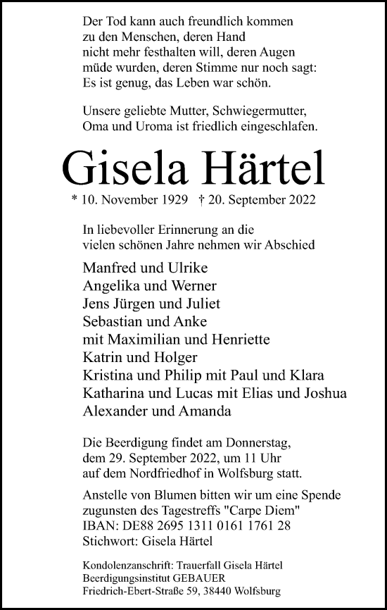 Traueranzeige von Gisela Härtel von Aller Zeitung