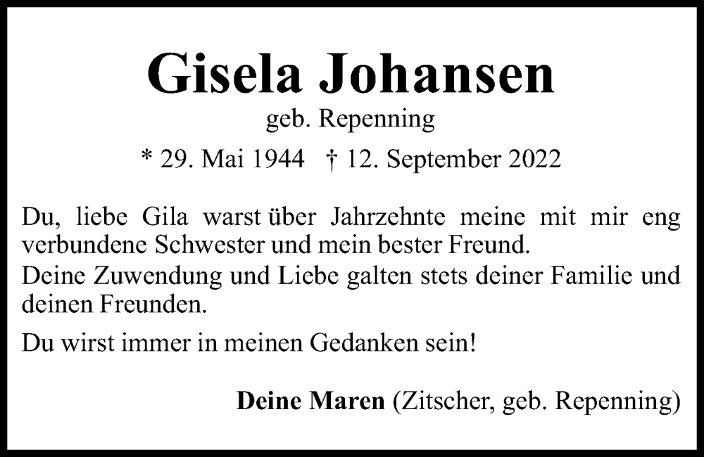  Traueranzeige für Gisela Johansen vom 17.09.2022 aus Kieler Nachrichten