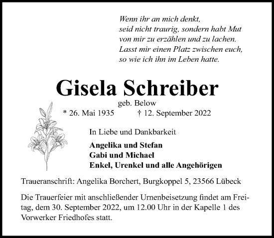 Traueranzeige von Gisela Schreiber von Lübecker Nachrichten