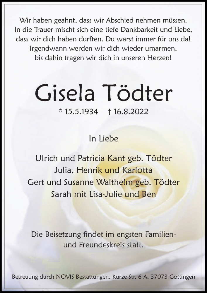  Traueranzeige für Gisela Tödter vom 03.09.2022 aus Göttinger Tageblatt