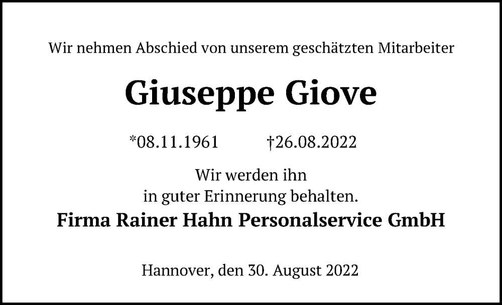  Traueranzeige für Giuseppe Giove vom 03.09.2022 aus Hannoversche Allgemeine Zeitung/Neue Presse