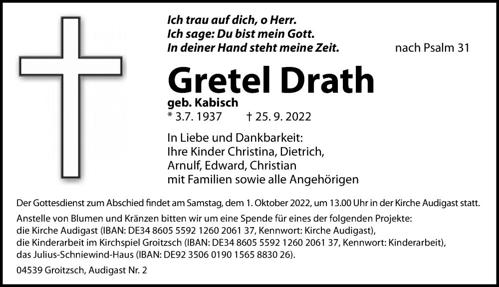  Traueranzeige für Gretel Drath vom 28.09.2022 aus Leipziger Volkszeitung
