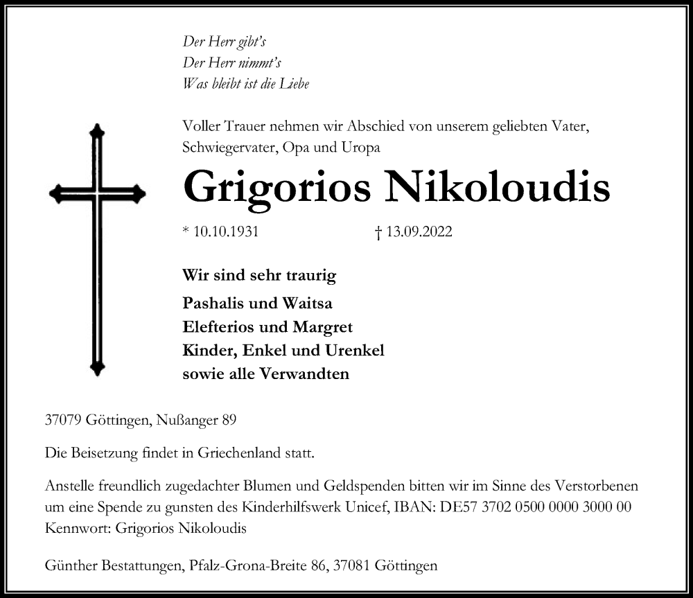  Traueranzeige für Grigorios Nikoloudis vom 17.09.2022 aus Göttinger Tageblatt