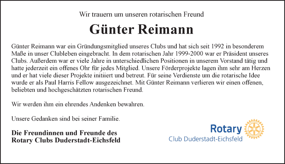  Traueranzeige für Günter Reimann vom 03.09.2022 aus Eichsfelder Tageblatt