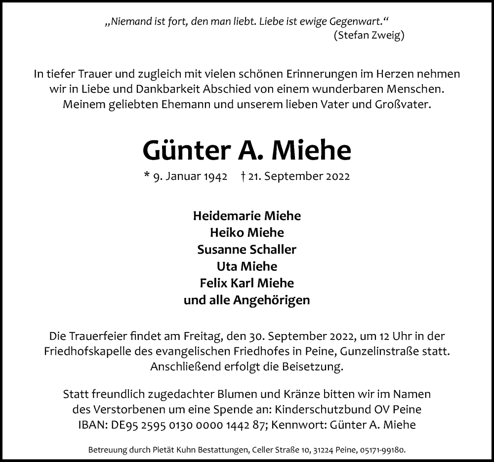  Traueranzeige für Günter A. Miehe vom 27.09.2022 aus Peiner Allgemeine Zeitung