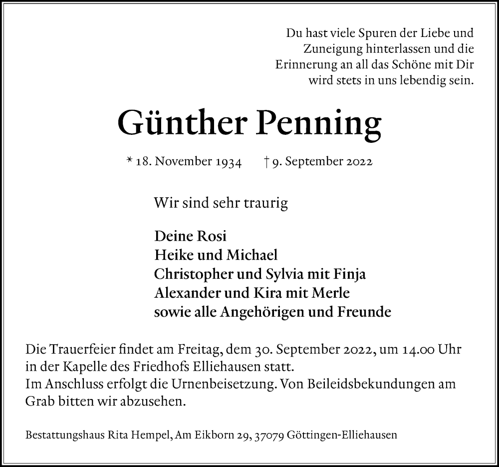  Traueranzeige für Günther Penning vom 17.09.2022 aus Göttinger Tageblatt