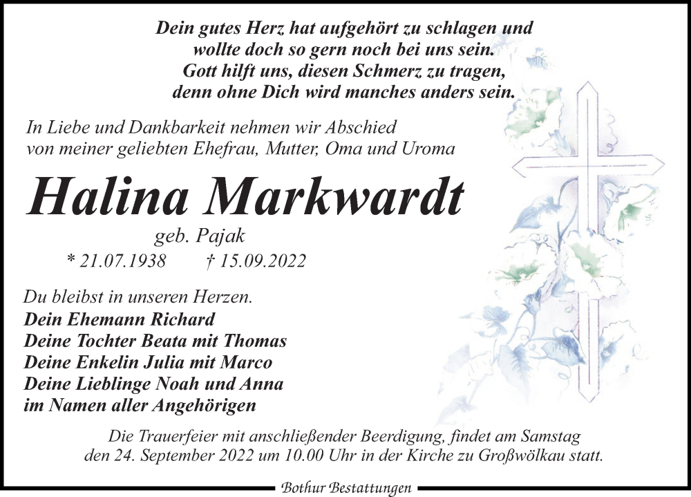  Traueranzeige für Halina Markwardt vom 21.09.2022 aus Leipziger Volkszeitung