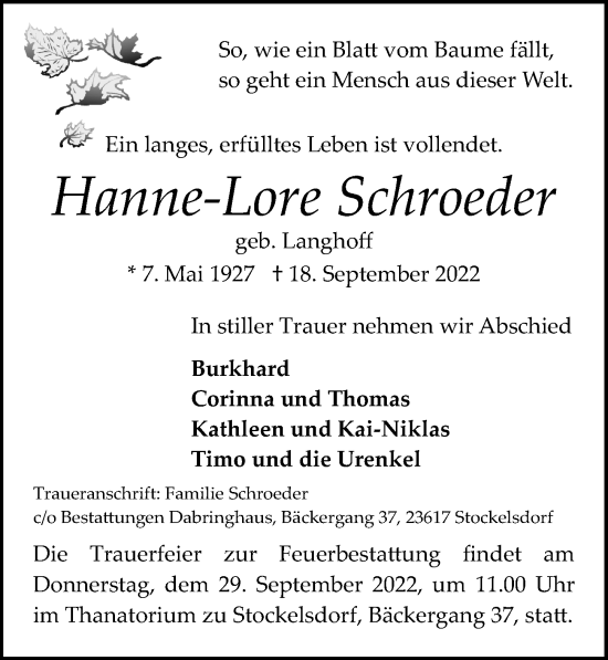 Traueranzeige von Hanne-Lore Schroeder von Lübecker Nachrichten