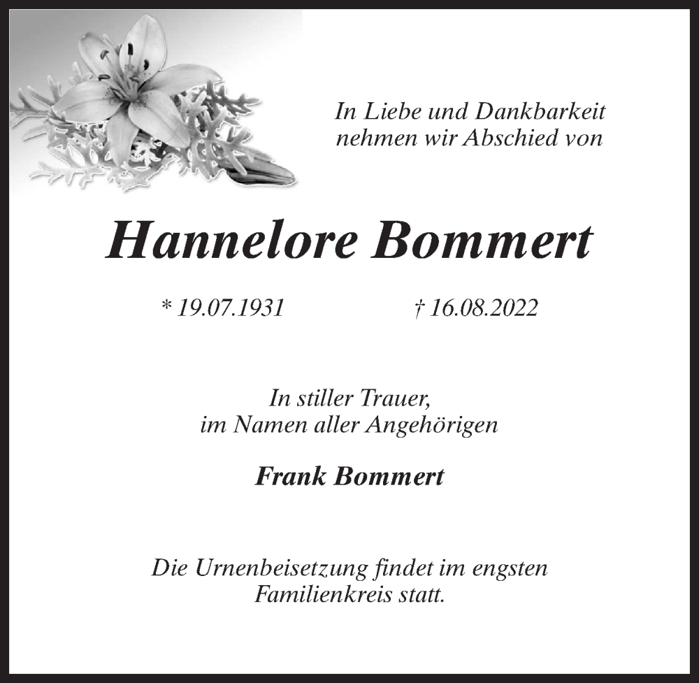  Traueranzeige für Hannelore Bommert vom 03.09.2022 aus Märkischen Allgemeine Zeitung