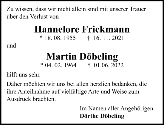 Traueranzeige von Hannelore Frickmann von Hannoversche Allgemeine Zeitung/Neue Presse