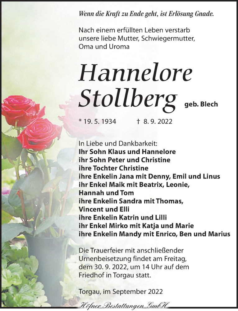  Traueranzeige für Hannelore Stollberg vom 17.09.2022 aus Torgauer Zeitung