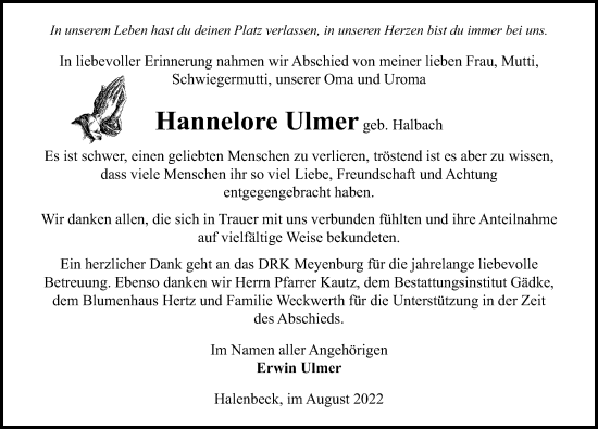 Traueranzeige von Hannelore Ulmer von Märkischen Allgemeine Zeitung